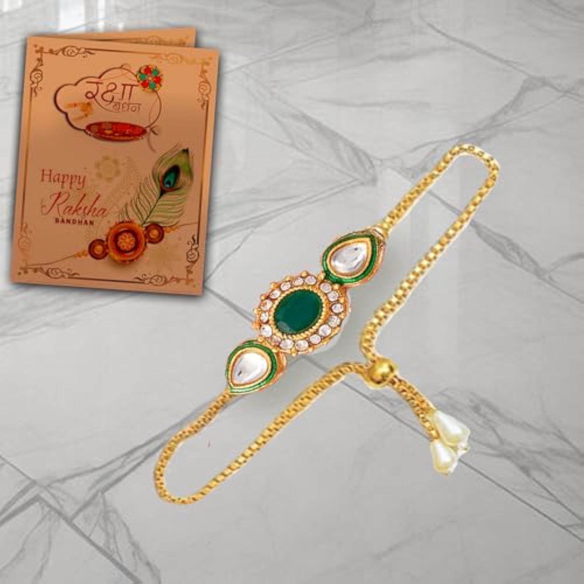 Kundhan Bhaiya Rakhi with Bhabhi Bracelet Set